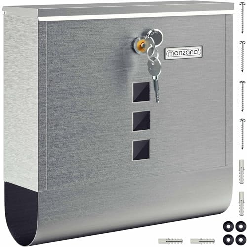 MONZANA® Briefkasten Kreuzschloss mit Kupfer-Schließzylinder drehbare Abdeckung 31x10x34 cm Sichtfenster Namensschild Zeitungsfach einfache Montage Edelstahl 2 Schlüssel Postkasten Silber