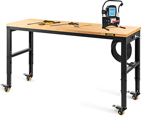 VEVOR verstellbare Werkbank, Werkbank mit Steckdose, Rädern und Stecktafel, robuster Arbeitstisch mit Eichenholzplatte für Garage, Werkstatt, Büro und Zuhause 122 x 51cm