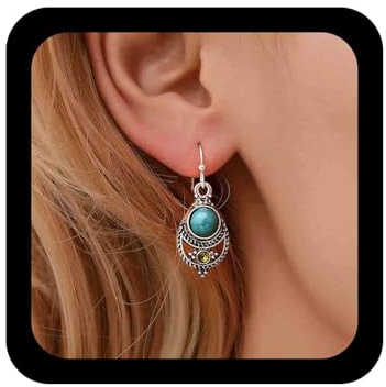 Cimenexe Bohemian Türkis Ohrhänger Silber Naturstein Ohrhänger Vintage Tropfenohrringe Retro Hohle Blume Ohrringe Schmuck für Frauen und Mädchen Geschenke