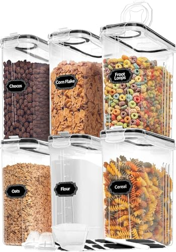 Skroam Müslibehälter, 6 Stück, luftdichte Frischhaltedosen mit Deckel, Kunststoff, Müsli-Spender für Küche und Speisekammer, Organizer und Aufbewahrung, Messbecher und 20 Etiketten
