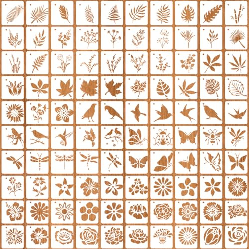 100 Stück Schablonen Set 5x5cm Blume Blätter Vogel Zeichnung Malschablonen | DIY Malerei Schablonen Handwerk Vorlage Wiederverwendbar Blattmalerei Vorlagen für Scrapbooking Holz Möbel Deko