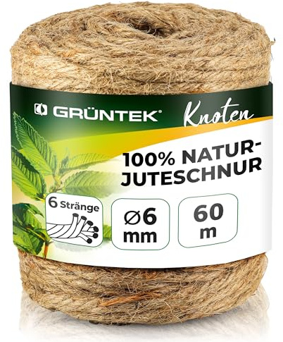 GRÜNTEK Garten Juteschnur 6 mm Dicke, Bindegarn, Gartenschnur, Bastelschnur Kordel Rolle mit 60 m, 100% Jutegarn Naturfarbe, zum Geschenke verpacken, Pflanzen binden, Basteln, Handwerken