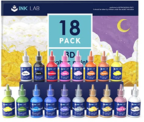 INK LAB Stofffarben Set 18 Farben 3D Wasserfest Textilfarbe Stoffmalfarben mit Pinsel für Kleidung Glas Textil Stoff Leinwand T-Shirts Holz Kinder Erwachsene,30ml/Flasche
