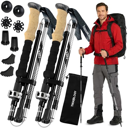 Trekology Trek-Z einklappbarer dreiteiliger Wanderstock/Wanderstöcke – verstellbare Leichtgewichtige Aluminium-Wanderstöcke, tragbarer Wanderstab mit Korkgriff zum Gehen, Senioren-Trekking, Wandern
