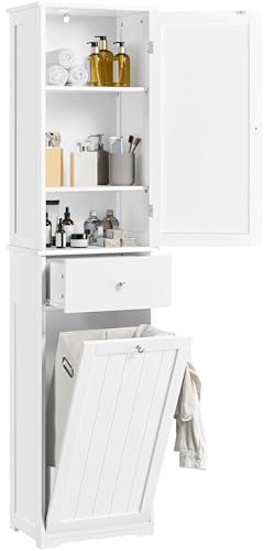 Yaheetech Badezimmerschrank 180 cm Hochschrank mit Wäschekorb & Schublade & Tür schmaler Badschrank Standregal Bodenschrank mit verstellbaren Einlegeboden Weiß