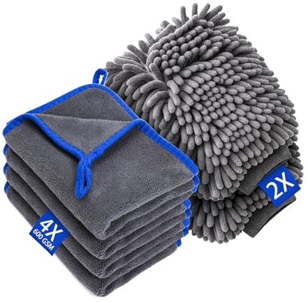 YOMKILU 6 Stück Auto Waschen Set, Auto Reinigungsset mit 4 Stück Mikrofasertücher & 2 Stück Waschhandschuh, Auto Zubehör Accessoires Autopflege Trockentuch zum Kratzfreien, Car Cleaning Kit