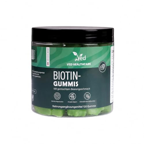 VED Biotin-Gummibärchen 5000 mcg, 120 vegane Gummibärchen mit 7 essentiellen Vitaminen, Beerenmix-Geschmack, Unterstützung für Haare, Haut und Nägel, gentechnikfrei, glutenfrei, vegan, 2Monats-Vorrat.