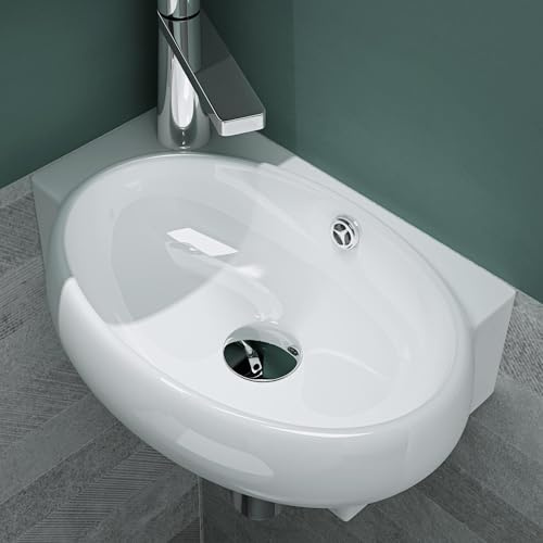Mai & Mai Waschbecken Gäste WC Aufsatzwaschbecken Hängewaschbecken aus Keramik mit NANO, BTH: 42x28x15cm, in weiß, Armaturenloch Links Brüssel001R