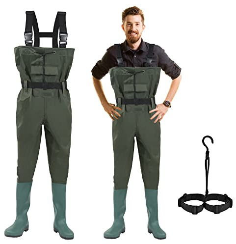 Gimisgu Wathose, PVC Angelhose, wasserdichte Fischteichhose mit Gummistiefeln, Bund, Taschen, und EIN kostenloser Haken, geeignet für Angeln, Jagd, Autowäsche, Bauernhof