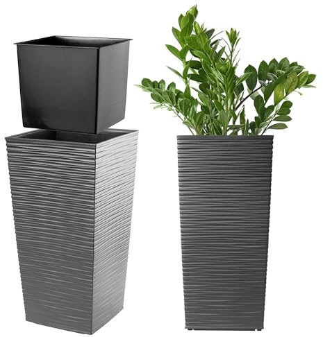 KADAX Pflanzkübel mit Innentopf, Höhe 46.5cm, 24x24cm, ca. 13L – Grafit, Frostsicherer Blumentopf für Innen & Außen, Garten, Balkon & Terrasse, UV-beständig, wetterfest
