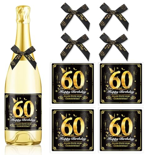 HOWAF 4 Flaschenetikett 60. Geburtstag, Alles Gute zum Geburtstag Flaschenetiketten Selbstklebend Schleife, Flaschenetikett 60 Geburtstag Geschenk Geburtstagsgeschenk für Frauen Männer