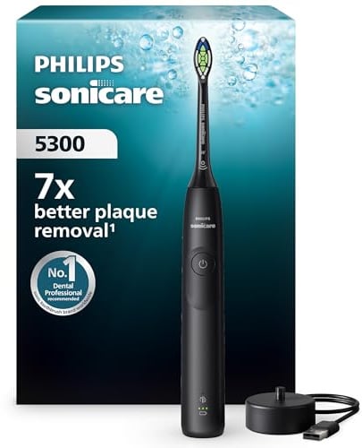 Philips Sonicare 5300 elektrische Zahnbürste, Schallzahnbürste mit 2 Intensitätsstufen, Andruckkontrolle, EasyStart, Smartimer und BrushPacer, Schwarz, Modell HX7101/01 [Neue Technologie]