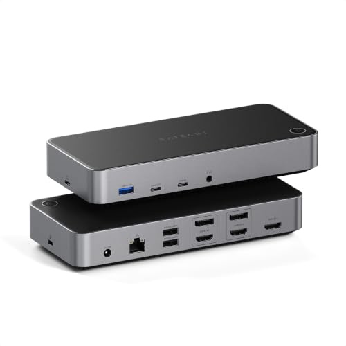 SATECHI Triple 4K Dockingstation, USB-C Dockingstation 13-in-1, mit 100W PD, 2 DisplayPort, 3 HDMI, 4 USB-C, USB-A, Gigabit-Ethernet und Audio-Buchse – Für MacBook und Windows