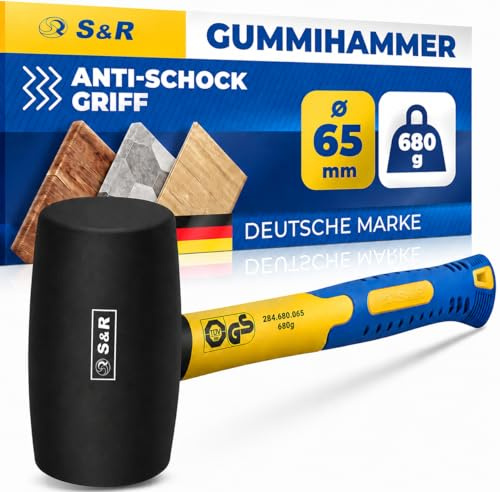 S&R Gummihammer Klein Schwarz 65mm, 680g Camping Hammer Schonhammer Pflasterhammer Rückschlagfrei - zuverlässig für Fliesen, Möbel und Fenster - GS Siegel sowie TÜV geprüft