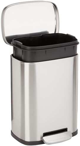 Amazon Basics Rechteckiger 5-Liter-Mülleimer mit Soft-Close-Fußpedal, Gebürsteter Edelstahl, Schmutzabweisend, Herausnehmbarer Innenbehälter, für Badezimmer und Küche, 21,5 x 18,5 x 30cm