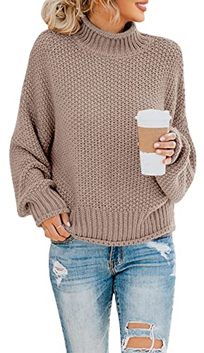 Saodimallsu Damen Pullover Rollkragen Oversized Fledermaus Langarm Sweatshirt Lose Grobstrick Casual Sweater