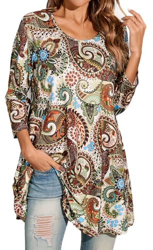 Enmain Damen Tunika Shirt Langarm/Kurzarm Longshirt Paisley Blumen 3/4 ärmel Locker Tops Sitzende Oberteile Tuniken Casual Blusen T Shirt,S-3XL
