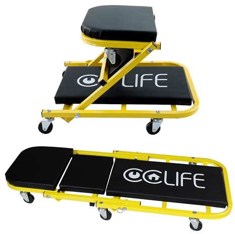 CCLIFE Werkstatt Rollbrett Montagerollbrett 2 in 1 KFZ Werkstatthocker Montageliege bis 150kg, Rollsitz mit 6 360° Lenkrollen, Sitz- und Liegefunktion für Autoreparatur