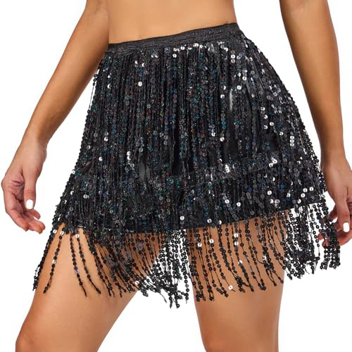 PLIKSUVER Damen Pailletten Quasten Rock Glitzer Rock Bauchtanz Hüftrock Karneval Fransen Rock Glitzer Wickelrock