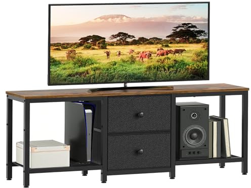 YATINEY TV-Schrank für Fernseher bis zu 55 Zoll, Fernsehtisch, TV-Konsole, lowboard mit offenen Fächern, 2 Schubladen, für Wohnzimmer, Schlafzimmer, 120 x 30 x 50 cm, Vintagebraun und Schwarz XDS02BR