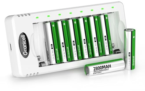 Granicell 8-Slot Akku Ladegerät mit 8 Stück AA Akkus 2800mAh, 1.2V Mignon NI-MH Wiederaufladbare Batterien (Vorgeladen, Geringe Selbstentladung), Intelligente Ladestation für Haushaltsgeräte