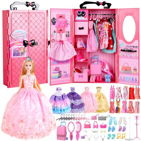 UCanaan Puppen KleiderSchrank Set für Puppen Kleidung (Auch Geeignet für 11,5 Zoll ) 44 TLG Zubehör Enthaltene Mode Kleider Schuhe Taschen Kleiderbügel und Ständer