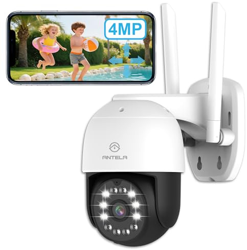 ANTELA Überwachungskamera Außen 4MP PTZ WLAN IP Kamera Outdoor, IP65 wasserdicht, Farbige/IR/Smart Nachtsicht mit Flutlicht 50m, 2-Wege-Audio, Bewegungserkennung, Alarmmeldung, 2,4GHz