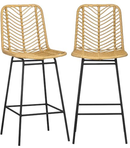 HOMCOM Barhocker 2er Set mit Gestell aus Kunstrattan, Rückenlehne, Gelb | Barstuhl, Küchenstühle mit Integrierter Fußstütze, Tresenhocker für Küche, Wohnzimmer, Esszimmer, Boho-Stil
