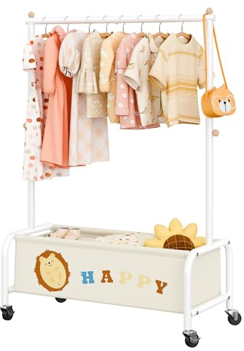 GRANNY SAYS Kleiderständer Kinder mit Aufbewahrungskiste, Kinder Kleiderstange auf Rollen, beige Kindergarderobe freistehend, Baby Kleiderschrank, Kleiderstange Kinderzimmer für Mädchen & Jungs