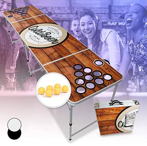 BeerCup-Classics Beer Pong Set für Partyspiele, Beerpong Tisch Klappbar & Höhenverstellbar, Rot, Bierpong Tisch Wasserfest, Bierpongtisch mit Eisfach