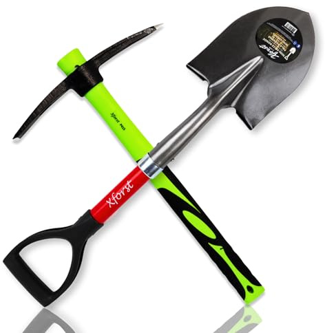 Xforst Spitzhacke + Schaufel als Gartenset für Gartenarbeit, Camping, Wandern, Schneeset und Strand. Gartenwerkzeuge aus Glasfasergriff und Kopf aus geschmiedetem Stahl. Modell X-PF40N & X-S800