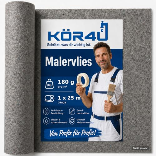 kör4u Malervlies 25m, 180g, Abdeckvlies rutschfest, Renovierung Umzug