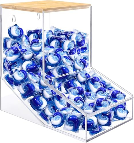 JYPS Waschmittel Aufbewahrung, Transparent Acryl Süßigkeitenspender mit 2 Deckeln, Stand- oder Wandhalterung Waschpulver Aufbewahrungsbox, KapazitäT Behälterbox für Waschmittel Pods,Küche,Kaffeepads