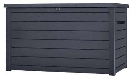 Koll Living Auflagenbox/Kissenbox Goliath XXL 870 Liter Farbe : Graphit l 100% Wasserdicht l mit Belüftung dadurch kein übler Geruch/Schimmel l Moderne Holzoptik l Deckel belastbar bis 50 KG