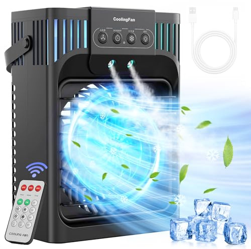 Mobile Klimaanlage mit Fernbedienung,1200 ML Mini Luftkühler mit 3 Luftgeschwindigkeiten & 3 Kühlnebel, 2-8H Timer & 7 LED,Leise Kleine Klimaanlage für Zimmer und Büro(10W)