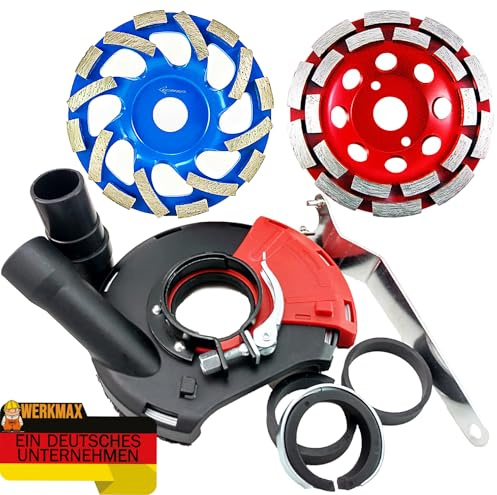 Werkmax Absaughaube für Winkelschleifer. Schleif Staubabsaugung plus 2x Premium Diamantschleiftopf 125 mm blau + rot
