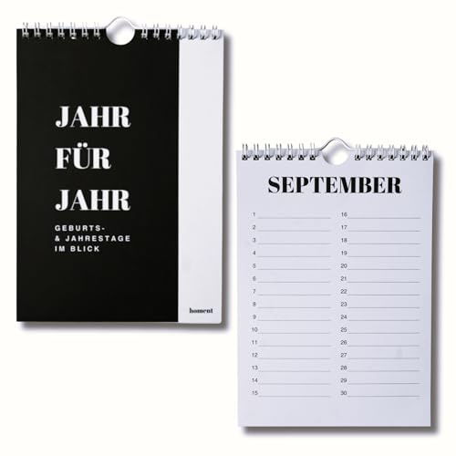 homent Geburtstagskalender A5 zum Eintragen von Geburtstagen & Jahrestagen, jahresunabhängig | Minimalistisches Schwarz-Weiß Design | Immerwährender Kalender für Familie, Büro, Zuhause & Fokus