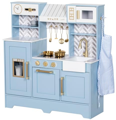 BRINJOY Kinderküche, Holz Kleinkind Küche Set mit Vorhänge, Kaffeemaschine, Aufbewahrungsregal, Herd, Waschbecken, Geschirr, Licht & Klang,Spielen Küche Spielzeug Geschenk für Mädchen Jungen (Blau)