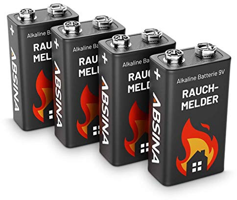 9V Blockbatterie Rauchmelder - 4er Pack Alkaline 9V Batterie langlebig & auslaufsicher - 9 Volt Blockbatterie für Feuermelder, Bewegungsmelder & Rauchwarnmelder - Rauchmelder Batterie ABSINA