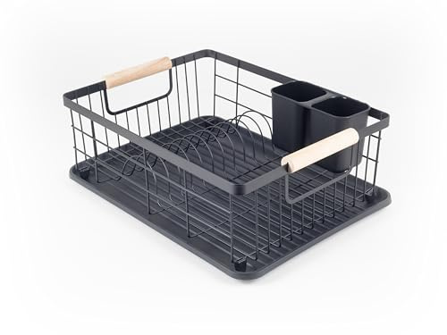 Abtropfgestell Schwarz Matt [42,5 x 31,5 x 14 cm] – Abtropfschale für Geschirr mit Griffen aus Holz – Geschirrständer aus Edelstahl für die Spüle, Abtropfgitter, Besteckhalter, Geschirrgestell