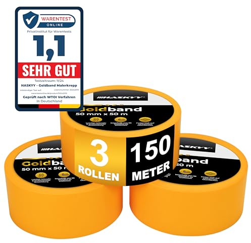 HASKYY Goldband Malerkrepp Kreppband 3x Malerband 50mm x 50m Profi Abdeckband Malertape Klebeband Washi Tape Gold Papiertape Selbstklebend