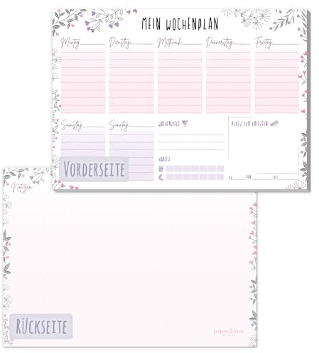 paper&you® A5 Wochenplaner Block [Blumen] 50 Seiten inkl. Notizblock auf der Rückseite - klimafreundlich und nachhaltig
