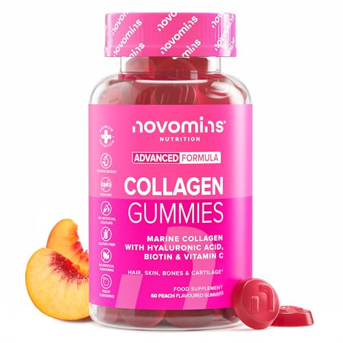 Kollagen Gummibärchen - mit Hyaluronsäure, Vitamin C & Biotin - Marine Collagen Typ 1 - Alternative zu Kollagen Pulver & Kollagen Kapseln - 60 Gummis für Haare, Haut & Knochen - Novomins