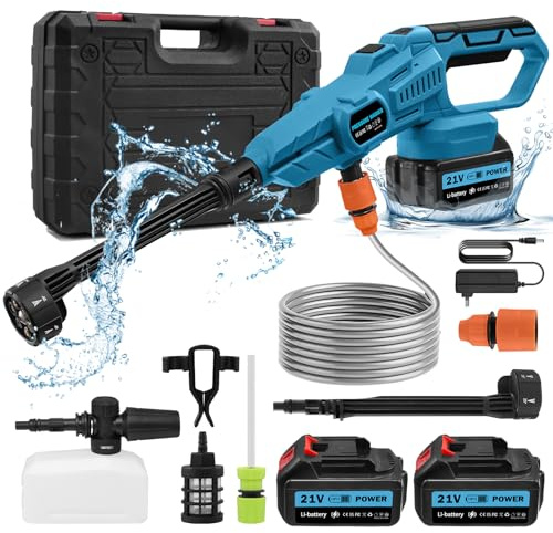 Sararoom Akku Hochdruckreiniger, 120 Bar Pressure Washer, 21V Tragbarer Druckreiniger, Druckreinigerpistole - Power Jet Wash mit 2x3.0Ah Batterie, 6 in 1 Düse, 5M Schlauch, für Auto Rasen Gärten Pool