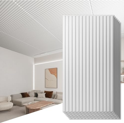 Art3d 6 Stück 3D-Wandpaneele PVC Deckenfliesen Lamellen Weiß | Innenwanddekoration 120x60 cm (2x4 FT) dekorative abgehängte Deckenplatten 4,4 ㎡