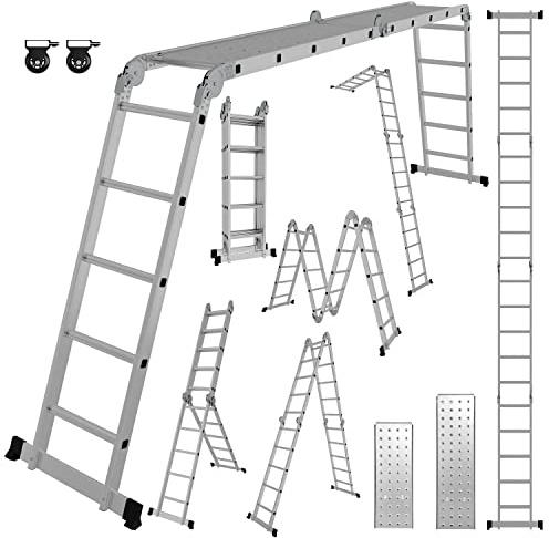 Ikodm 4x5 Stufen Mehrzweckleiter 5,82 m 7 in 1 Aluminium Multifunktionsleiter bis 150 kg mit 2 Transport Rollen und 2 Plattform, Gelenkleiter Klappleiter Stehleiter Aluleiter