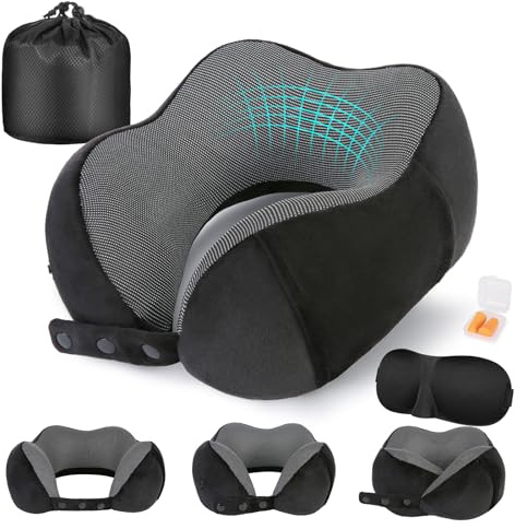 Cirorld Nackenkissen Flugzeug, Nackenhörnchen Erwachsene, Reisekissen Memory Foam, Verstellbares Kompaktes Nackenkissen Reise, Ergonomisches Weich Atmungsaktiv mit Ohrstöpseln, Augenmaske,Tragetasche