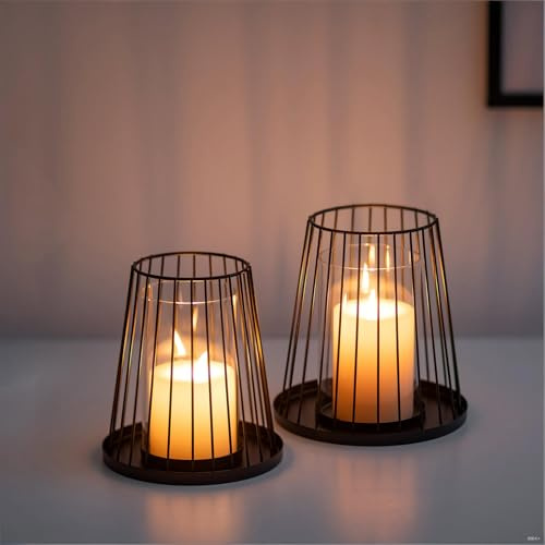 Sziqiqi Windlicht Schwarz Deko Wohnzimmer, Modernes Metall 2er-Set | Kerzenständer Stumpenkerzen, Kerzenhalter mit Glaszylinder, für Balkon, Terrasse, Esstisch, Weihnachten