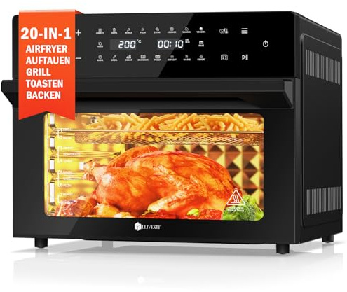 LLIVEKIT 30L Heißluftfritteuse XXL, Minibackofen Umluft mit 20 Programme und 9 Zubehör, Mini Backofen mit LED-Touchscreen, Airfryer Oven ohne Öl mit Sichtfenster, Zwei Kochmodi, Rezeptbuch, 80°C-230°C