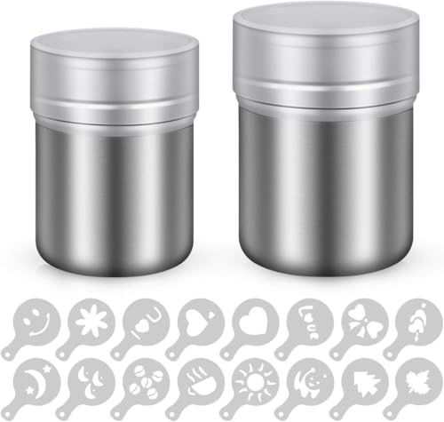 Puderzuckerstreuer-2 Edelstahl Kakaostreuer mit feinem mehlsieb & Deckel-Pulverstreuer zum Backen, Kochen, Zuhause, Restaurant mit 16 Druckformen, Spülmaschinengeeignet